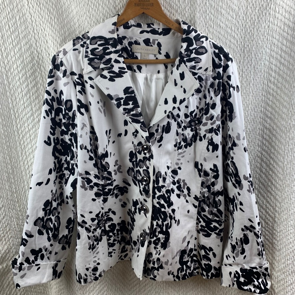 Laura Ashley Womens White Black‎ Abstract Animal Print Textured Blazer Jacket L